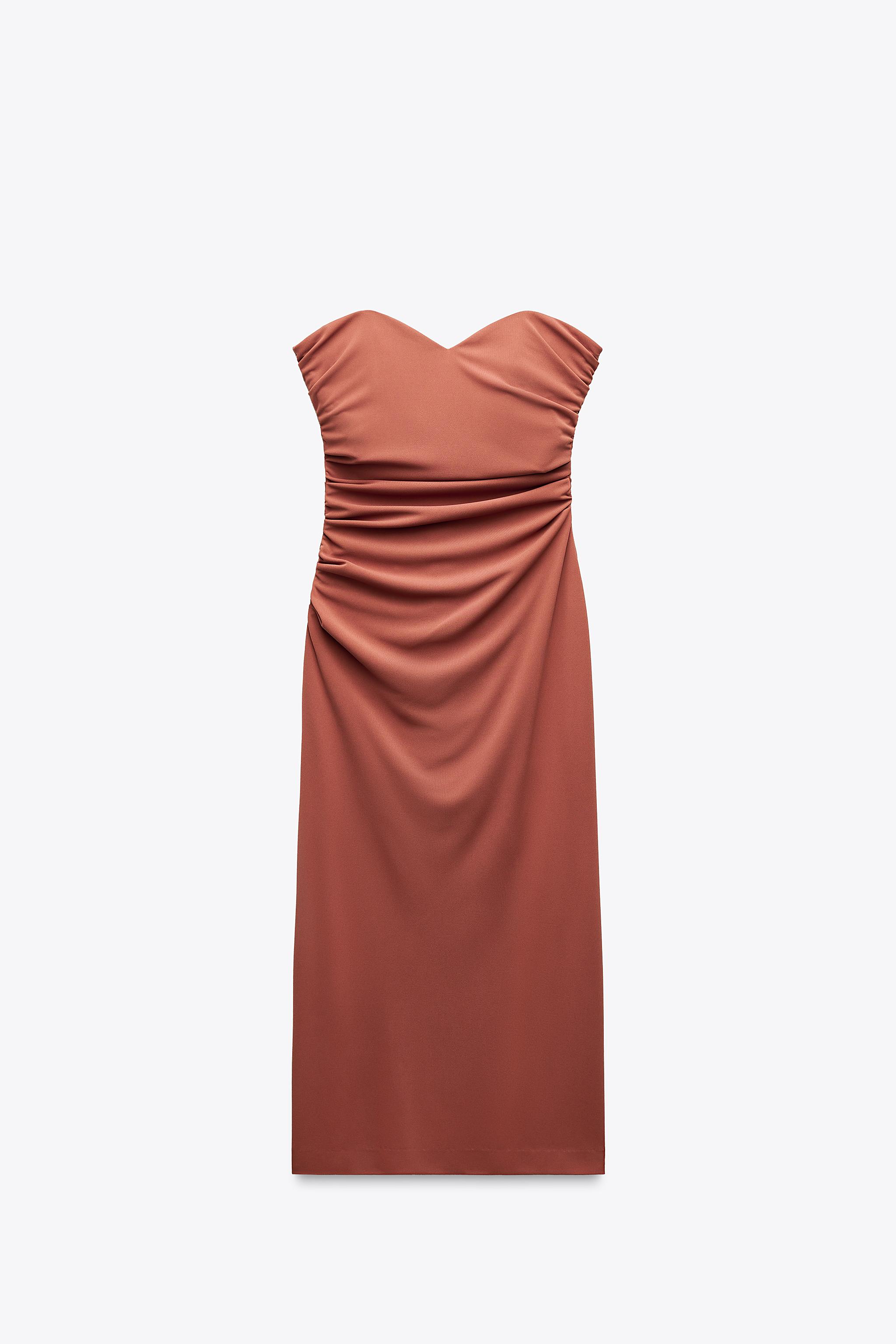 オフショルダーミディ丈ワンピース - レッドブラウン | ZARA
