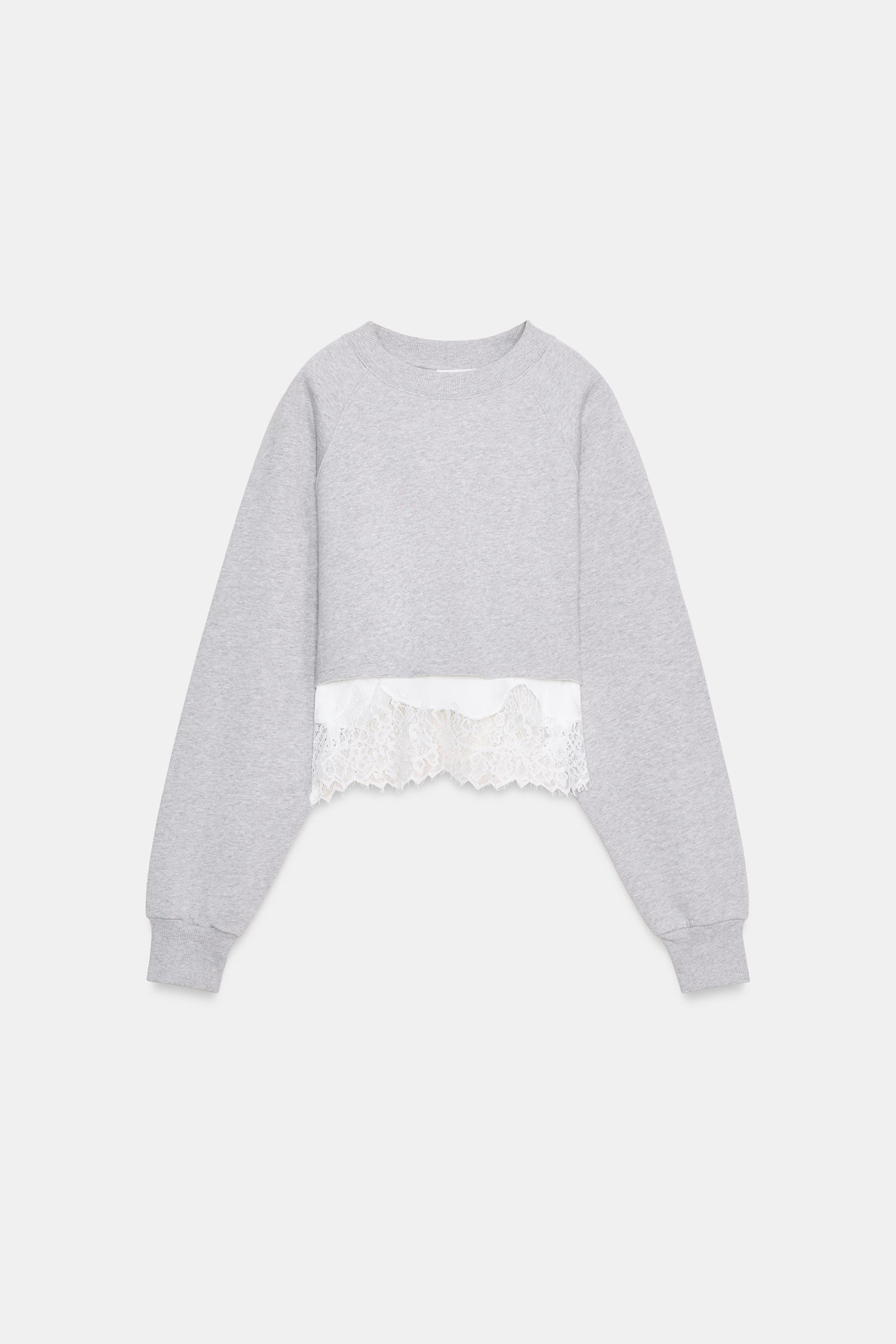 KONTRAST DANTEL DETAYLI CROP SWEATSHIRT - Görsel 6