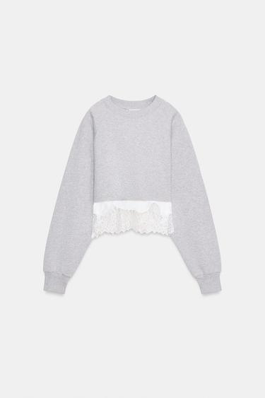 CROPPED SWEATSHIRT WITH LACE - Grey marl by Zara - Image 4