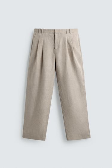 COTTON AND LINEN PLEATED TROUSERS - Sand by Zara