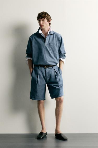 Zara PLEATED LIGHTWEIGHT DENIM SHORTS - Blue