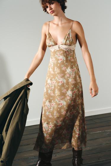 FLORAL PRINT LACE MIDI DRESS - Khaki by Zara - Image 1