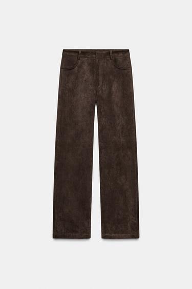 Zara PANTALONE OD IMITACIJE BRUŠENE KOŽE – smeđa čokolada