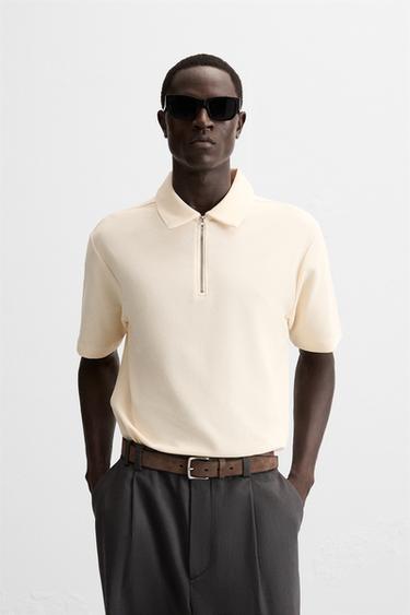 TEXTURED WEAVE POLO SHIRT WITH ZIP - Ecru by Zara