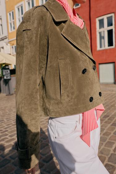 CROPPED DOUBLE-BREASTED 100% LEATHER TRENCH COAT - Dark khaki by Zara - Image 1