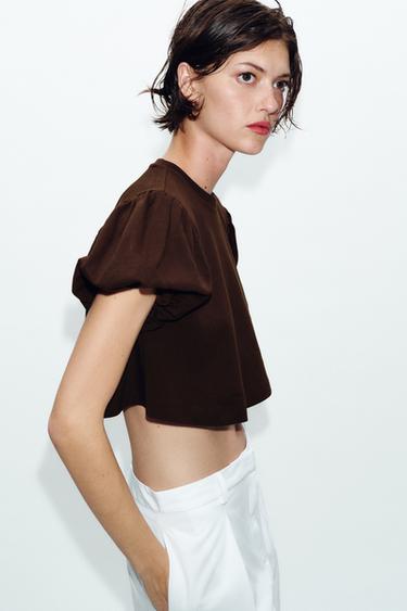 Zara CROPPED VOLUMINOUS SLEEVE T-SHIRT - Chocolate