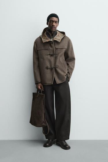 LIMITED EDITION CHECKED CONTRAST WOOL BLEND PEA COAT - Taupe by Zara