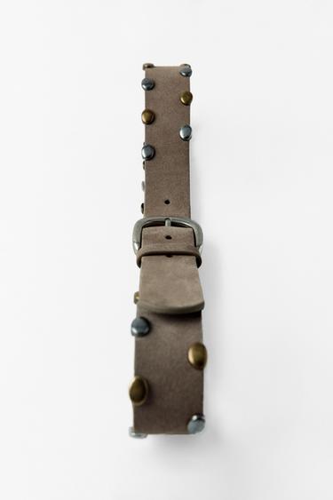 100% SUEDE LEATHER BELT WITH STUDS - Beige by Zara