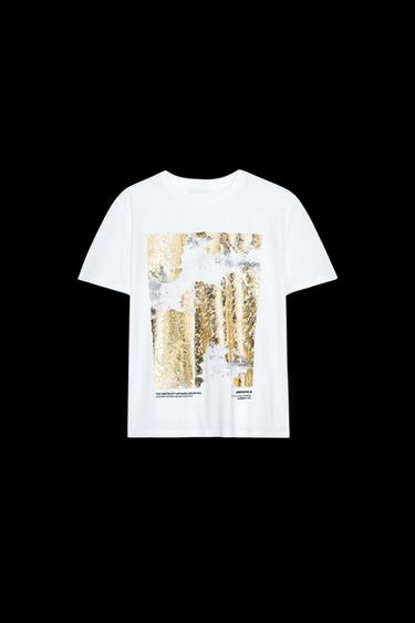 Zara METALLIC PRINT T-SHIRT - Golden - Image 0