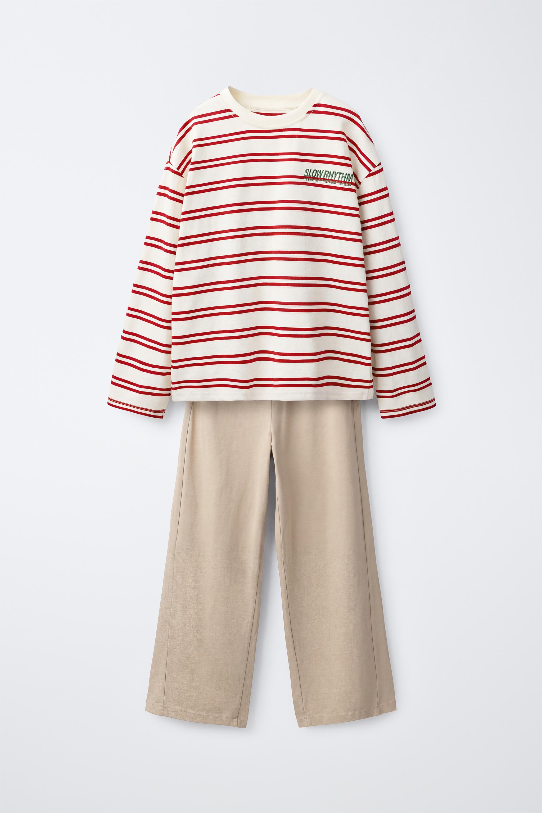 STRIPED T-SHIRT AND WIDE-LEG TROUSERS SET — Ecru