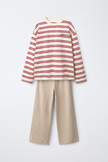STRIPED T-SHIRT AND WIDE-LEG TROUSERS SET - Ecru by Zara