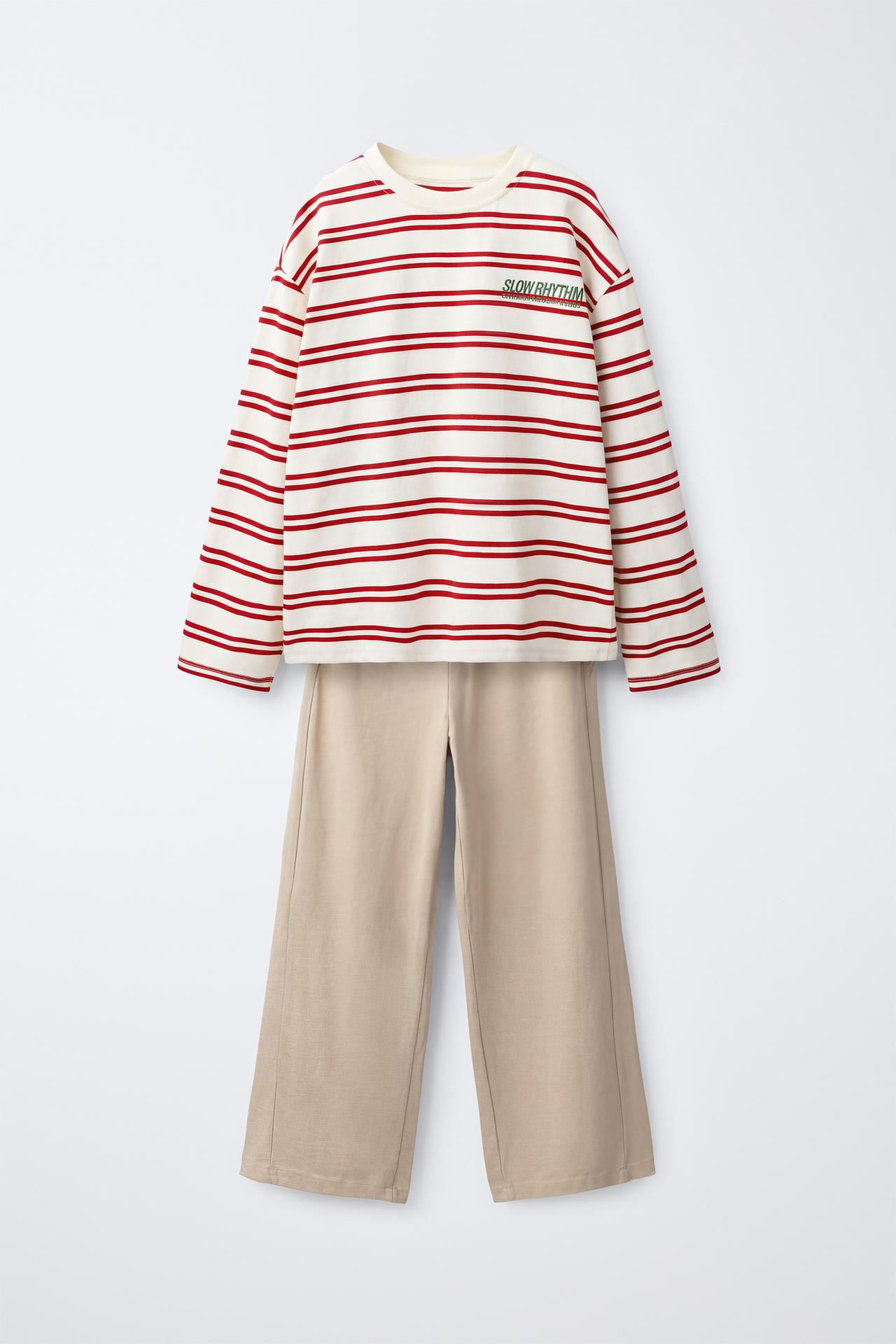 STRIPED T-SHIRT AND WIDE-LEG PANTS SET — Ecru