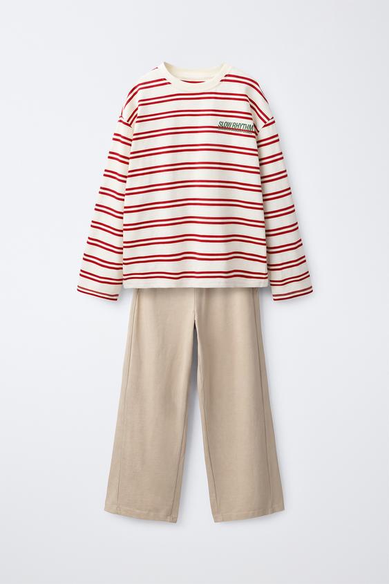 STRIPED T-SHIRT AND WIDE-LEG TROUSERS SET - Ecru by Zara - Image 0