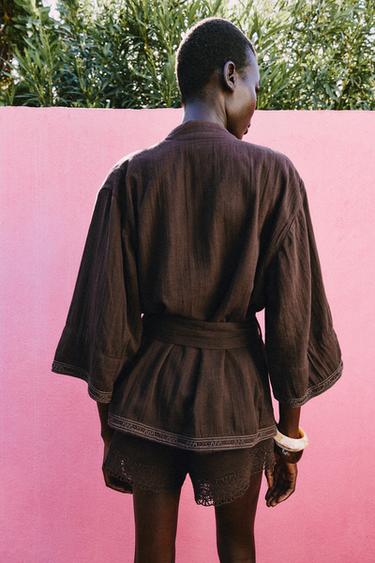 VESTE KIMONO BRODERIES CEINTURE - Marron de Zara - Image 4