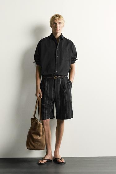 STRIPED RELAXED FIT PLEATED BERMUDA SHORTS - Black by Zara - Image 0