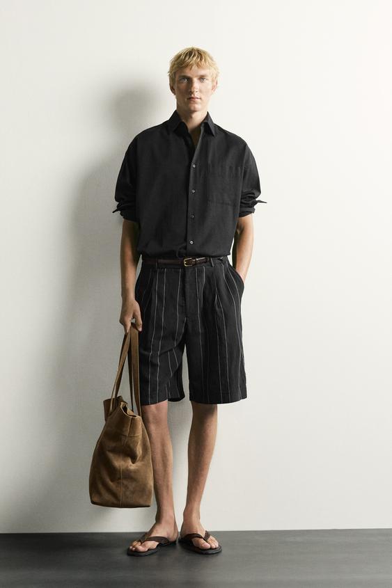 STRIPED RELAXED FIT PLEATED BERMUDA SHORTS - Black by Zara - Image 0