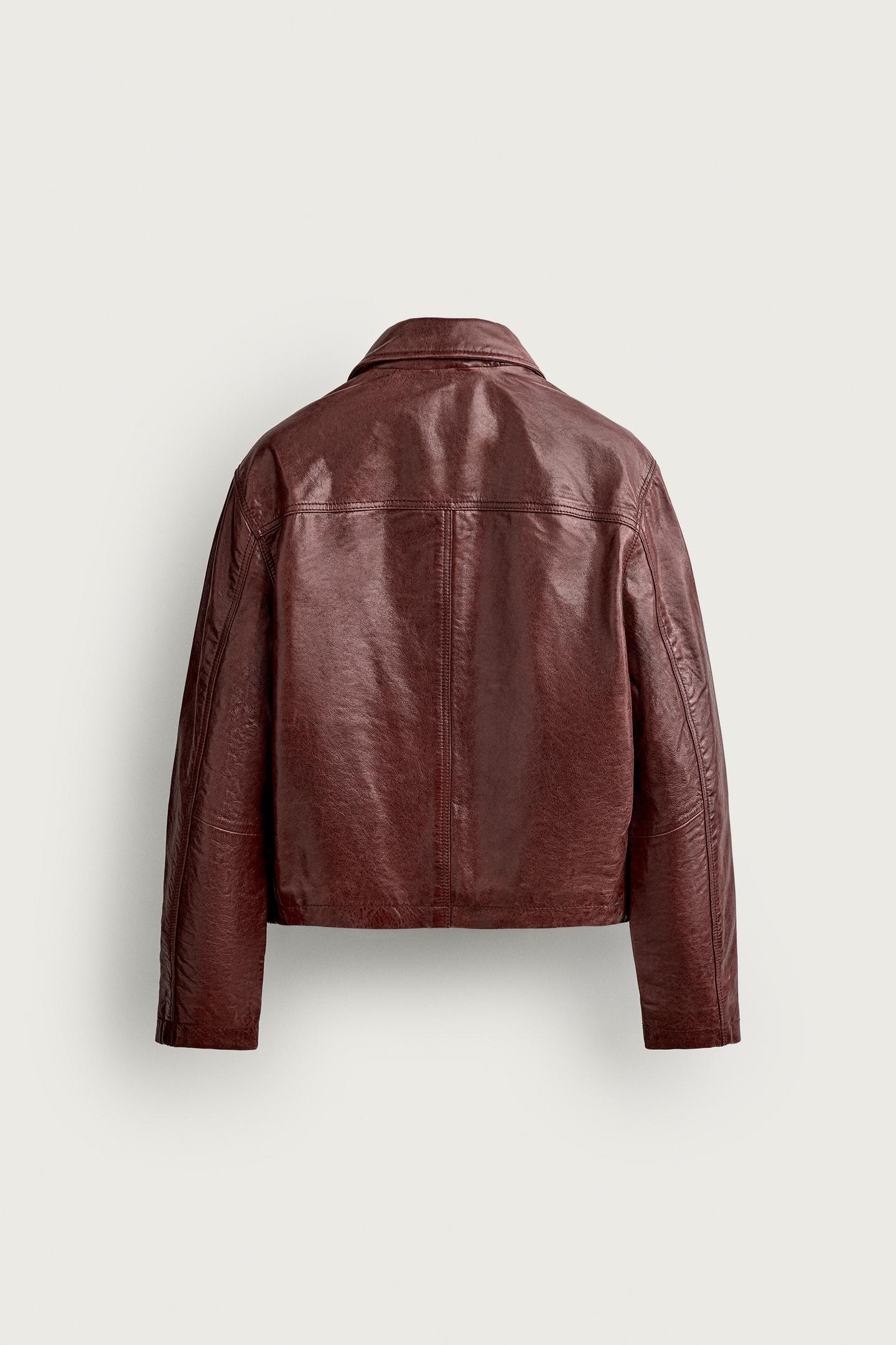 Мужская куртка Zara Cropped-Fit Leather, цвет: Тёмный красный — фото 8