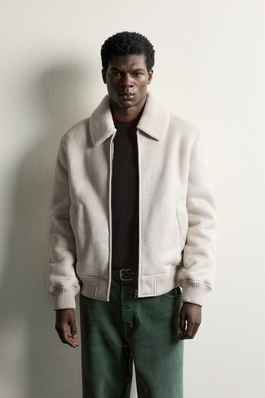 FAUX LEATHER AND FAUX SHEARLING JACKET — Light gray 2