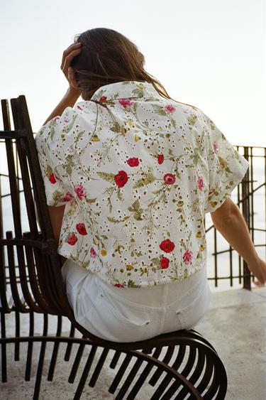 FLORAL PRINT SHIRT WITH CUTWORK EMBROIDERY - Ecru / Red by Zara - Image 3