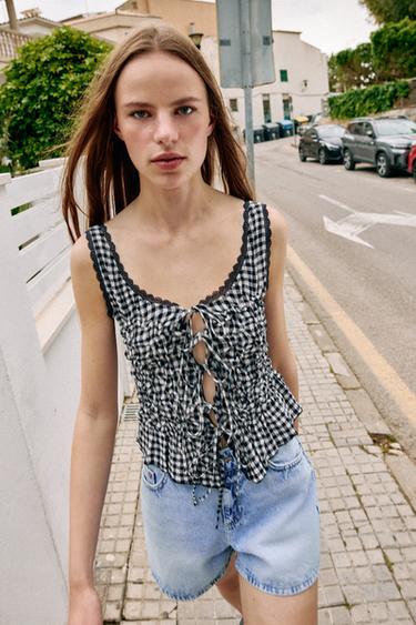Zara DRAPED GINGHAM TOP - Ecru / Blue