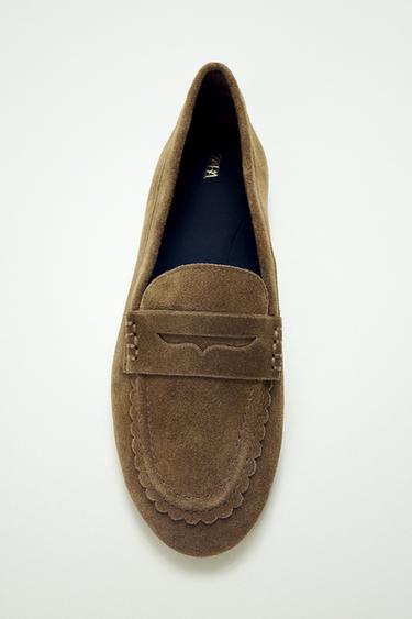 Zara STITCHED SPLIT SUEDE LOAFERS - Dark tan