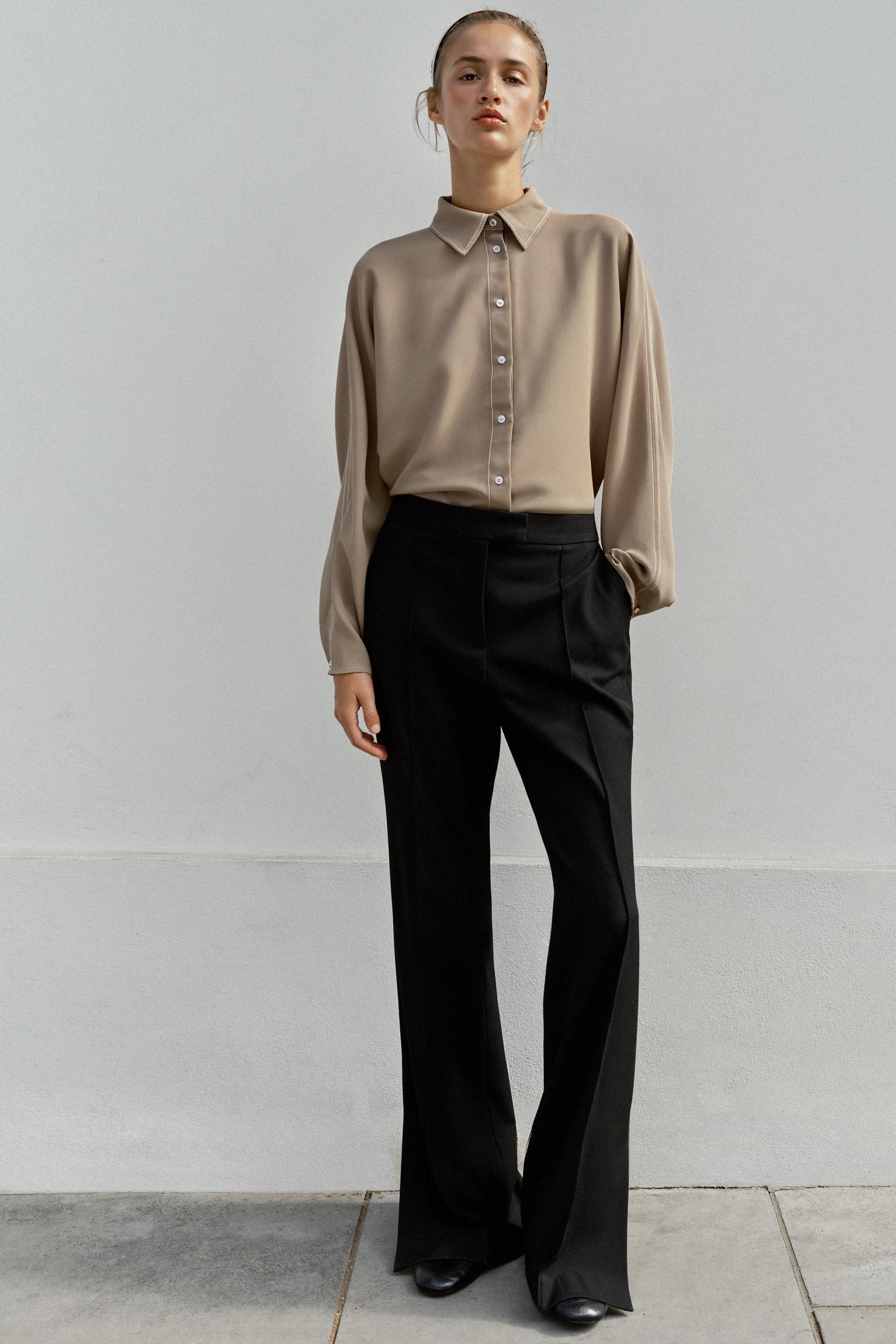 CONTRAST TOPSTITCHING SHIRT — Brown / Taupe
