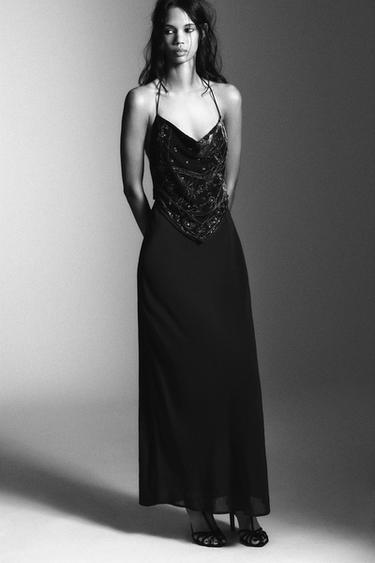 Zara LONG VELVET BEADED DRESS - Dark charcoal gray