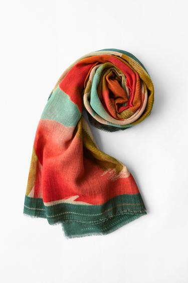 WATERCOLOUR PRINT LINEN BLEND SCARF - Multicoloured by Zara