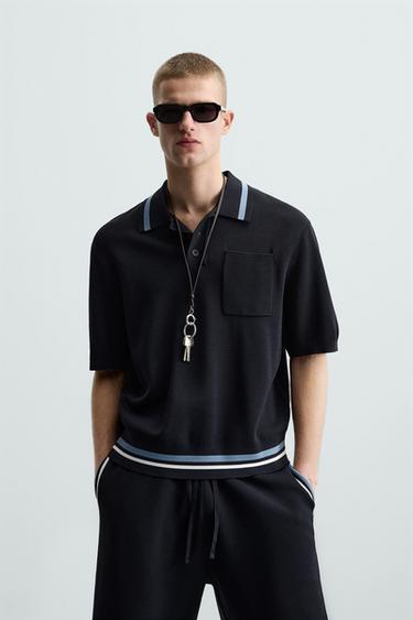 Zara KNIT POLO SHIRT WITH POCKET - Dark navy