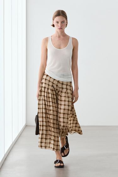 Zara Flowing check midi skirt co-ord - Light mink - Image 0