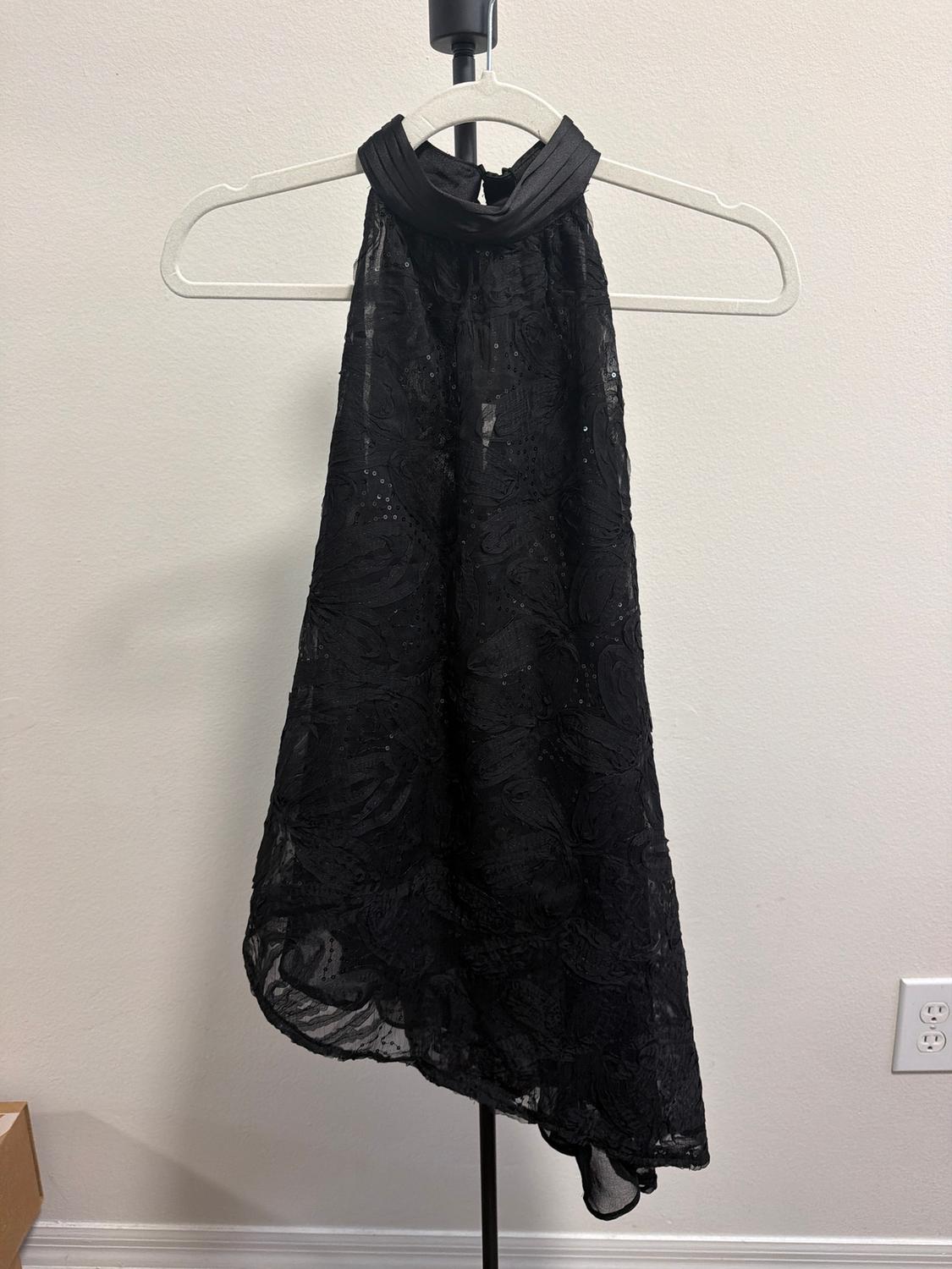 Sleeveless black dress with a high neck, hanging on a white hanger against a light background. Fabric with embroidered details and subtle shimmer.