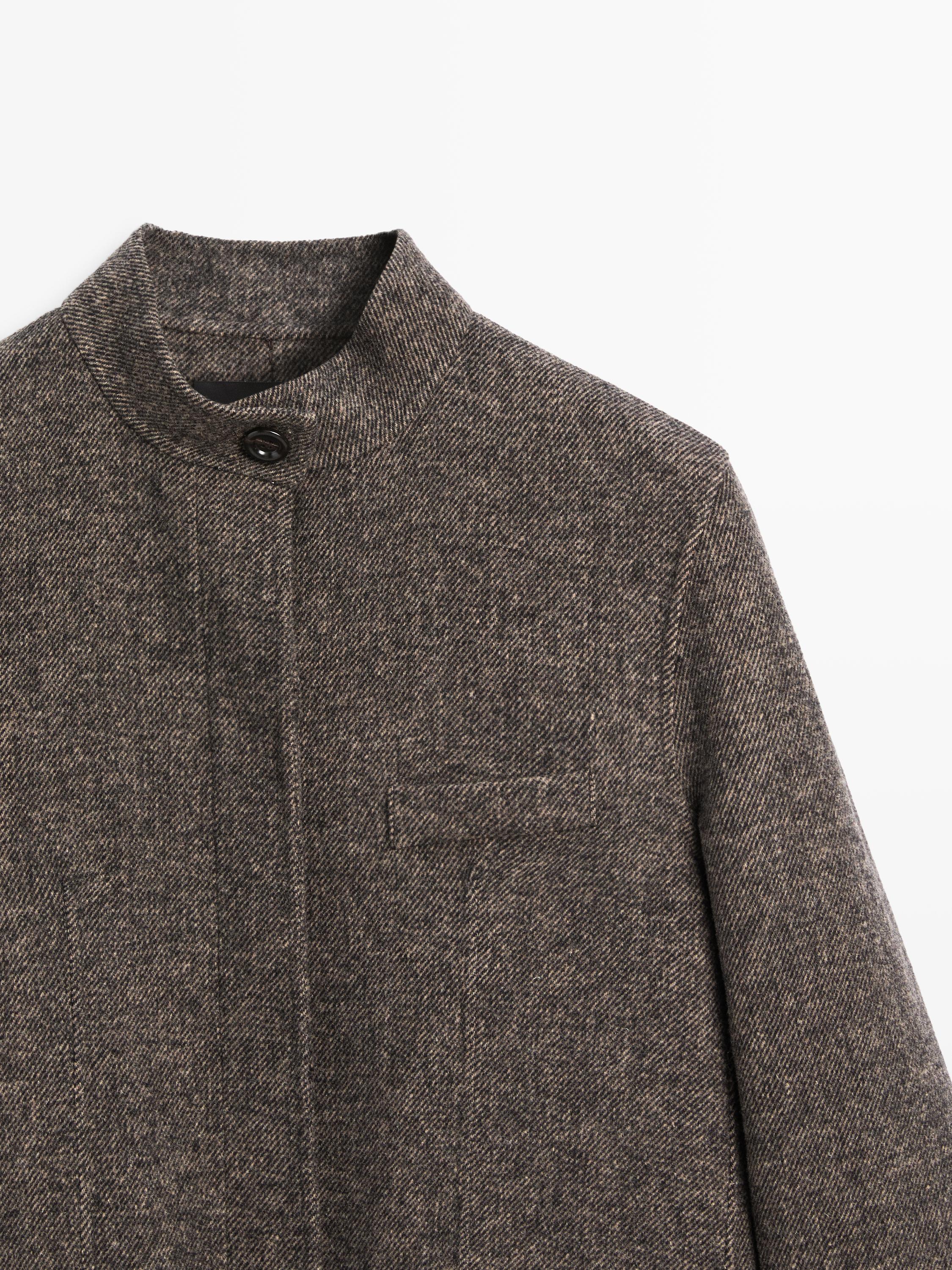 Wool blend twill coat with high collar