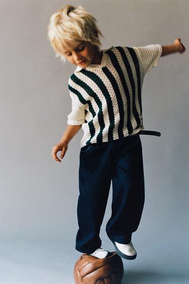 POLO EN MAILLE À RAYURES FOOTBALL - Écru / Bleu de Zara