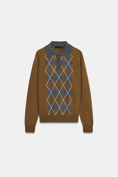 PULL POLO EN MAILLE LOSANGES - Marron clair de Zara - Image 5