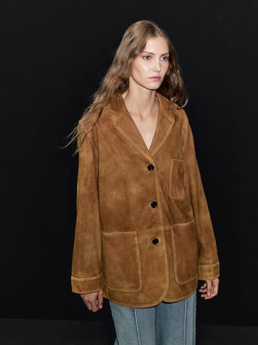 Zara Suede leather blazer with pockets - Dark mink