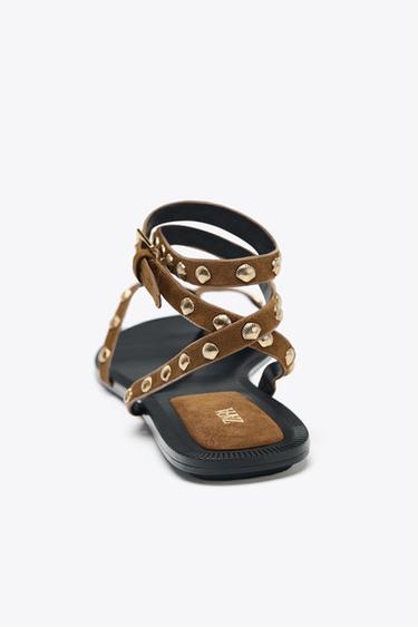 LEATHER STUDDED STRAPPY SANDALS - Brown by Zara - Image 5