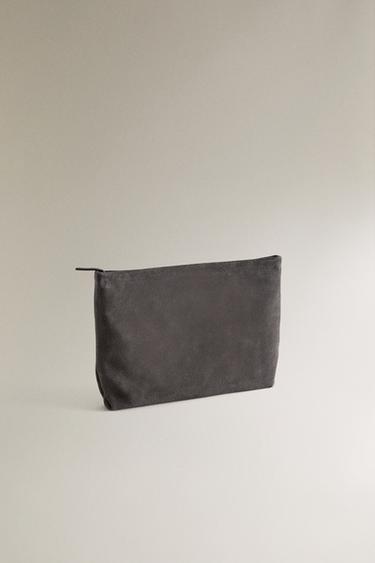 LARGE SPLIT LEATHER WASH BAG - Dark Grey by Zara - Image 1
