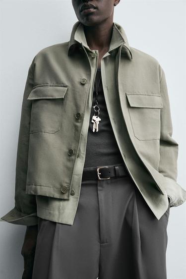 Zara BOXY 版型口袋裝飾襯衫式外套 - 淡綠色