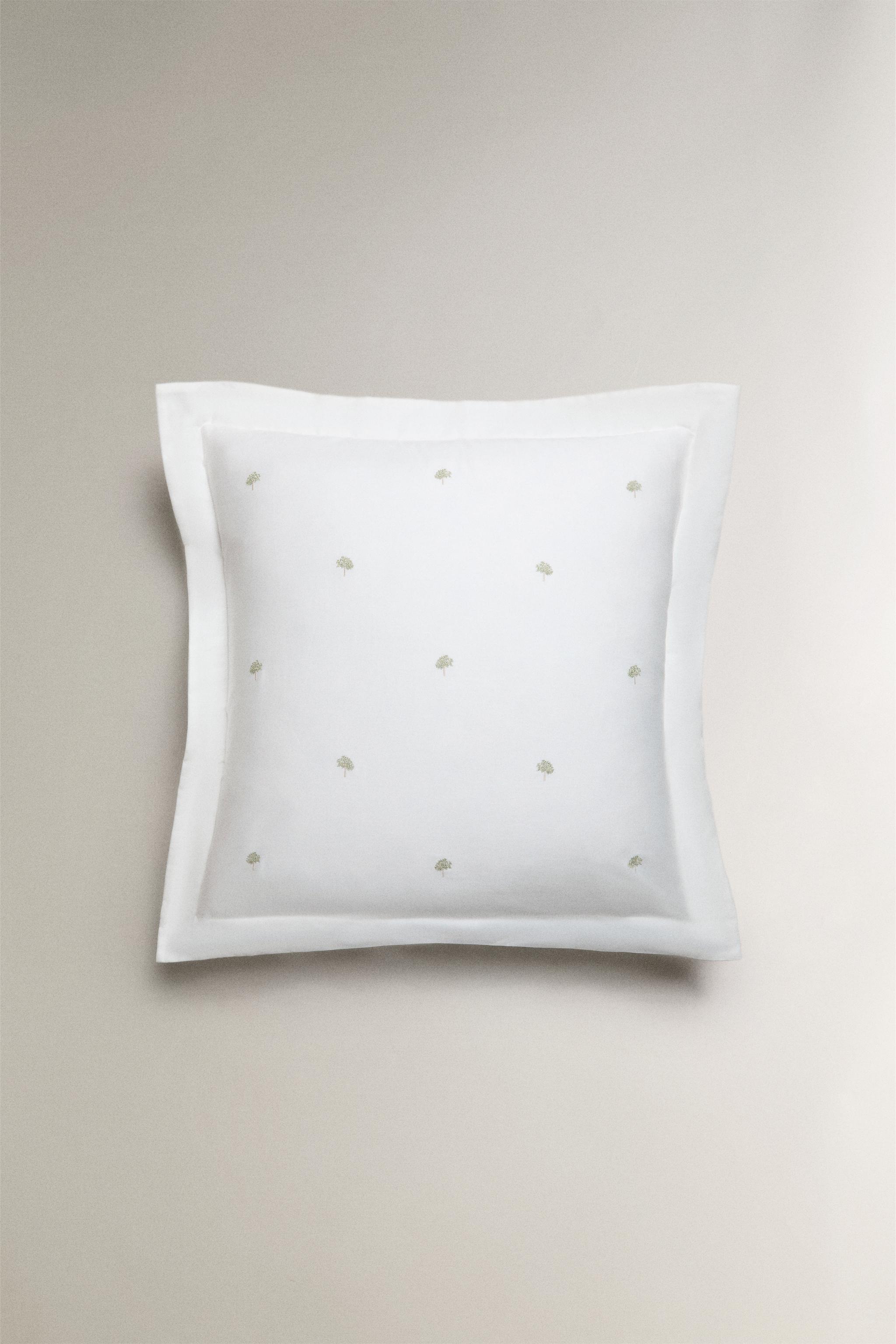 PILLOWCASE WITH EMBROIDERED TREES — Oyster-white