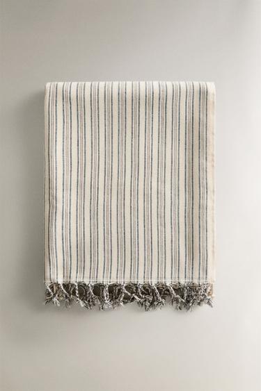 Zara STRIPED COTTON BEACH TOWEL WITH FRINGING - 棕色-藍色