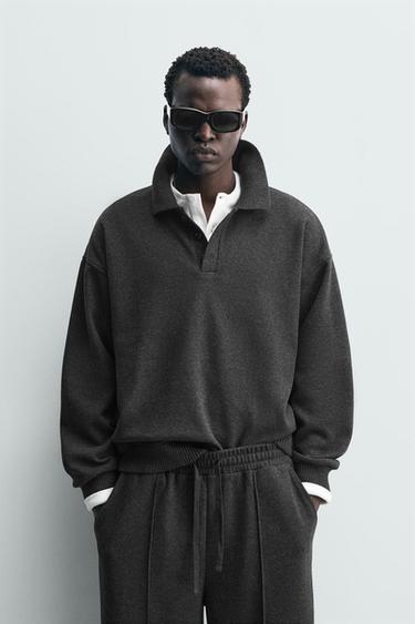 Zara TEXTURED POLO SWEATSHIRT - Dark gray