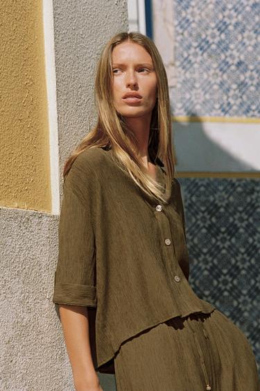 طقم قميص منسدل بأكمام قصيرة - زيتوني by Zara