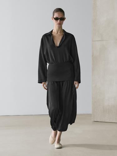 Zara Flowing cotton blend V-neck shirt - Brown - Image 0