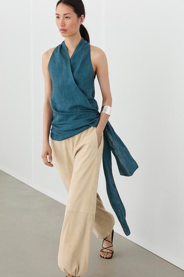 Zara 100% linen surplice top with tie detail - 567
