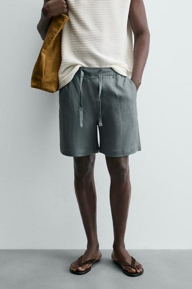 Zara REGULAR FIT LINEN SHORTS - Gray green