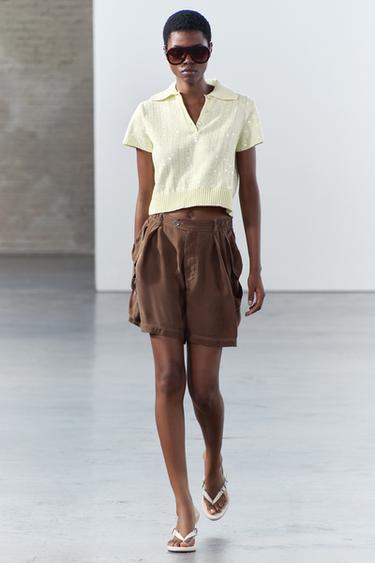 ТОП С ВОРОТНИКОМ ПОЛО И ПАЙЕТКАМИ — ПАСТЕЛЬНО-ЖЕЛТЫЙ от Zara — изображение 0