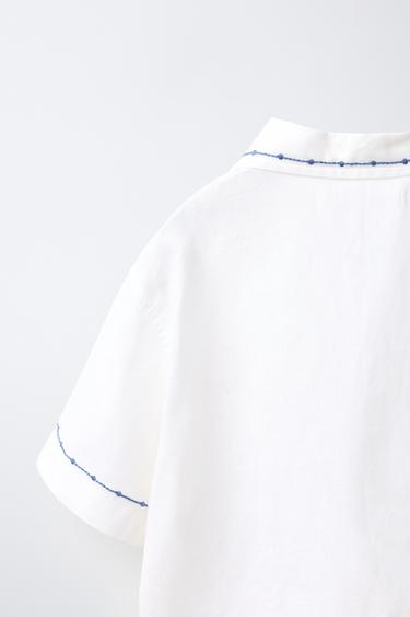 COTTON/LINEN SHIRT WITH CONTRAST EMBROIDERY - Ecru by Zara