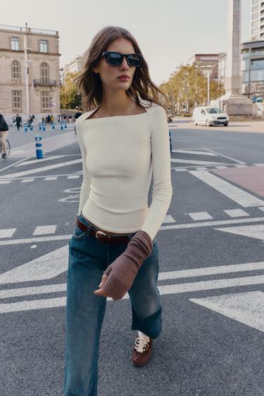 T-SHIRT CÔTELÉ À MANCHES LONGUES - Blanc cassé de Zara - Image 3