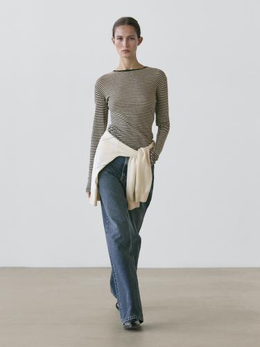 Zara Cotton blend striped long sleeve T-shirt - Black