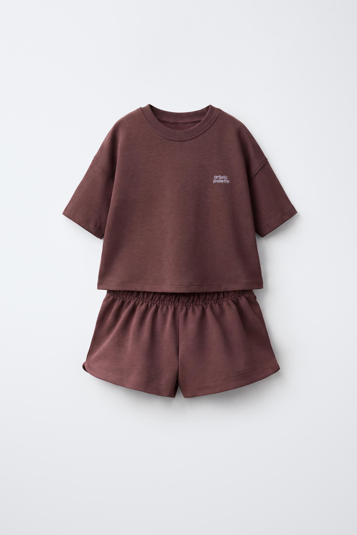 Детский комплект Zara Interlock T-SHIRT and Bermuda Shorts Set, цвет: Винный — фото 1